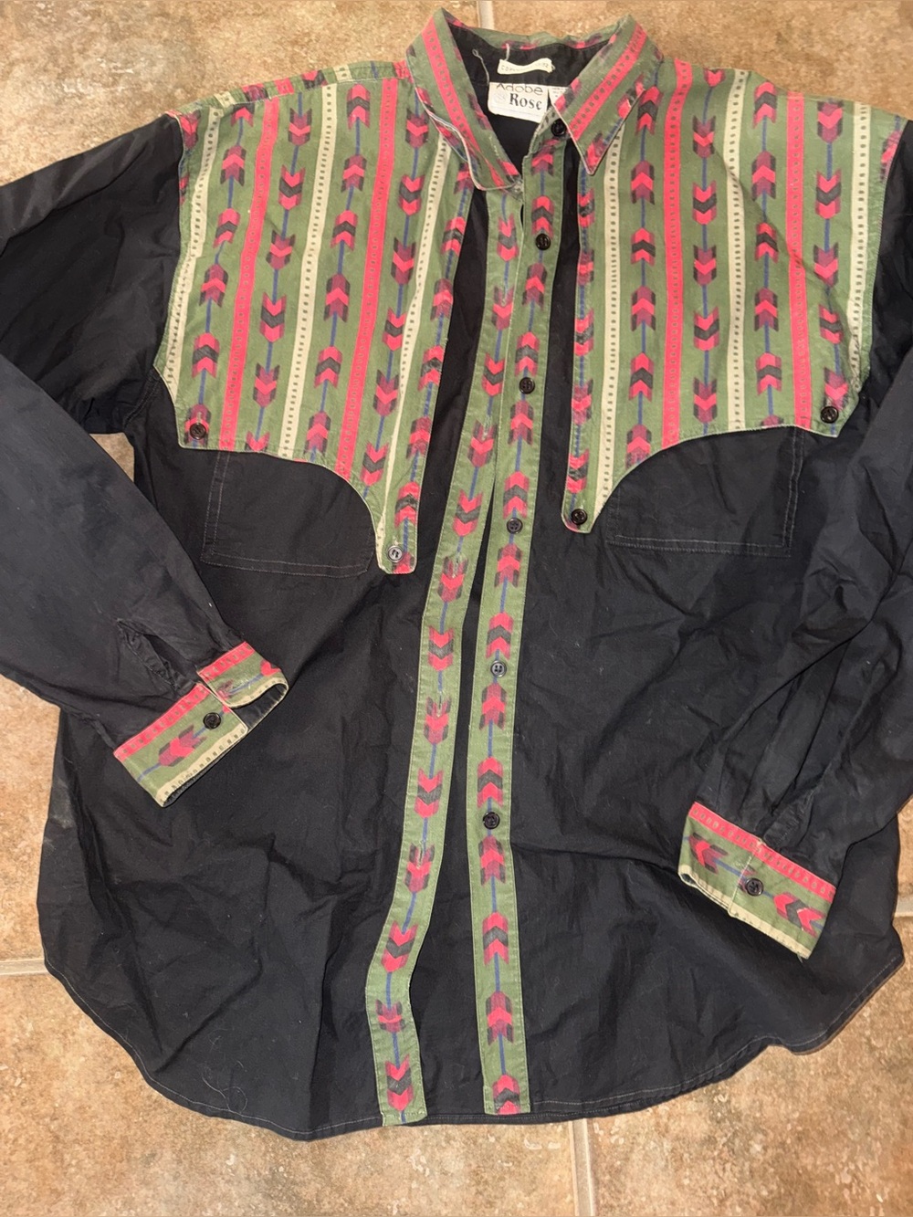 Vintage Adobe Rose Western-Style Black Button Up with Red & Green Accents